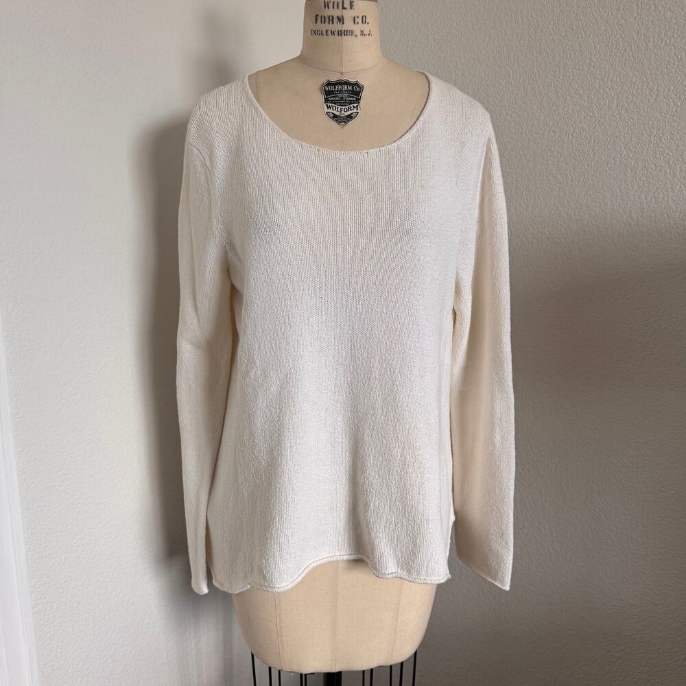 Eileen Fisher - Size L Ivory Textured Knit Sweater Scoop Neck Minimalist Luxury - Picture 1 of 13